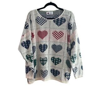 Vintage 90s Patterned Knit Hearts Cottage Sweater Made in USA-XL